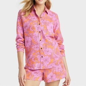 Universal Thread Pink and Orange Floral Matching Button Down Short Set